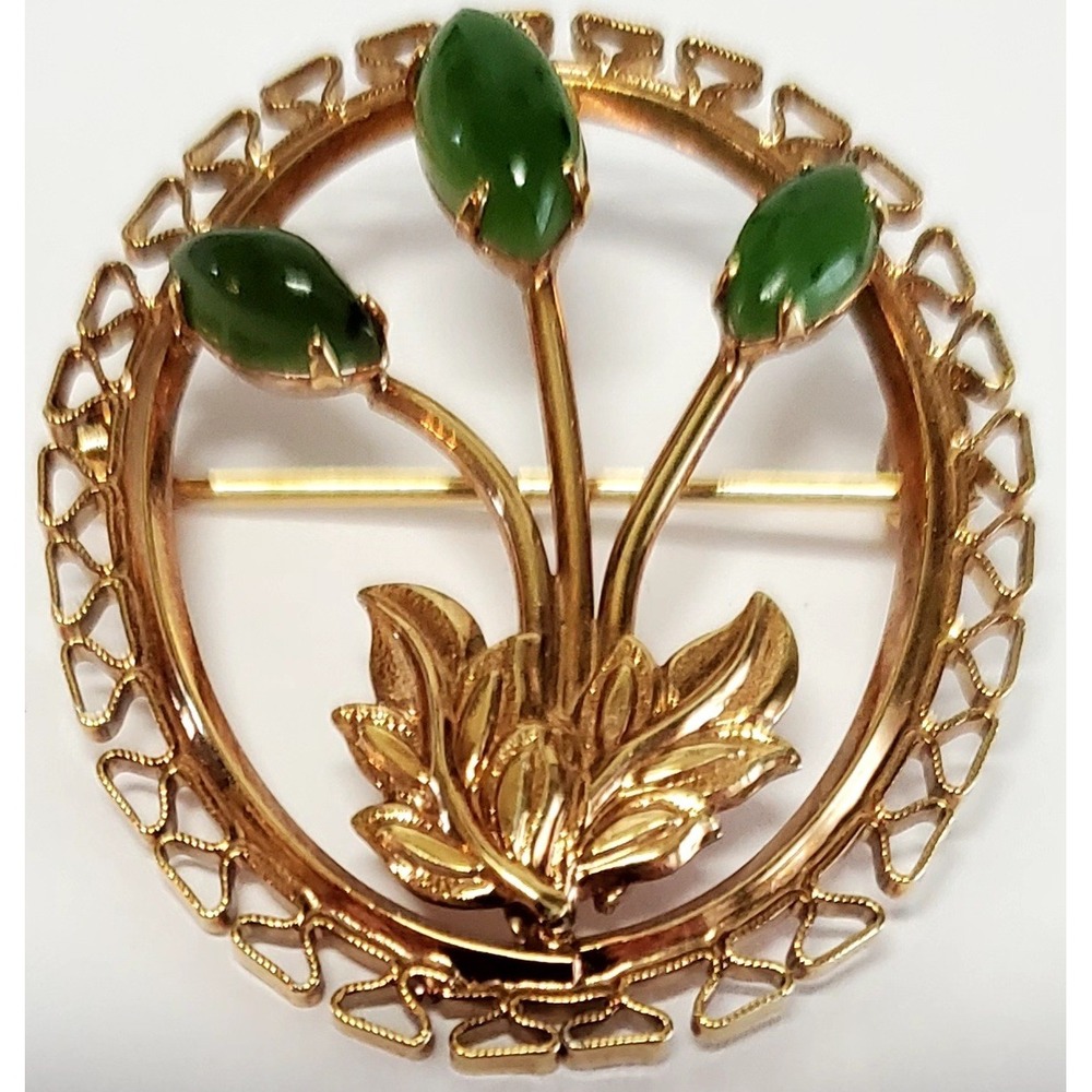 VTG Brooch Jade Filigree Edge Oval Gold Tone Pin Floral Trio Button